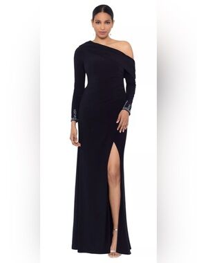 Betsy and Adam One-Shoulder Evening Gown with Slit and beaded sleeves sz 16